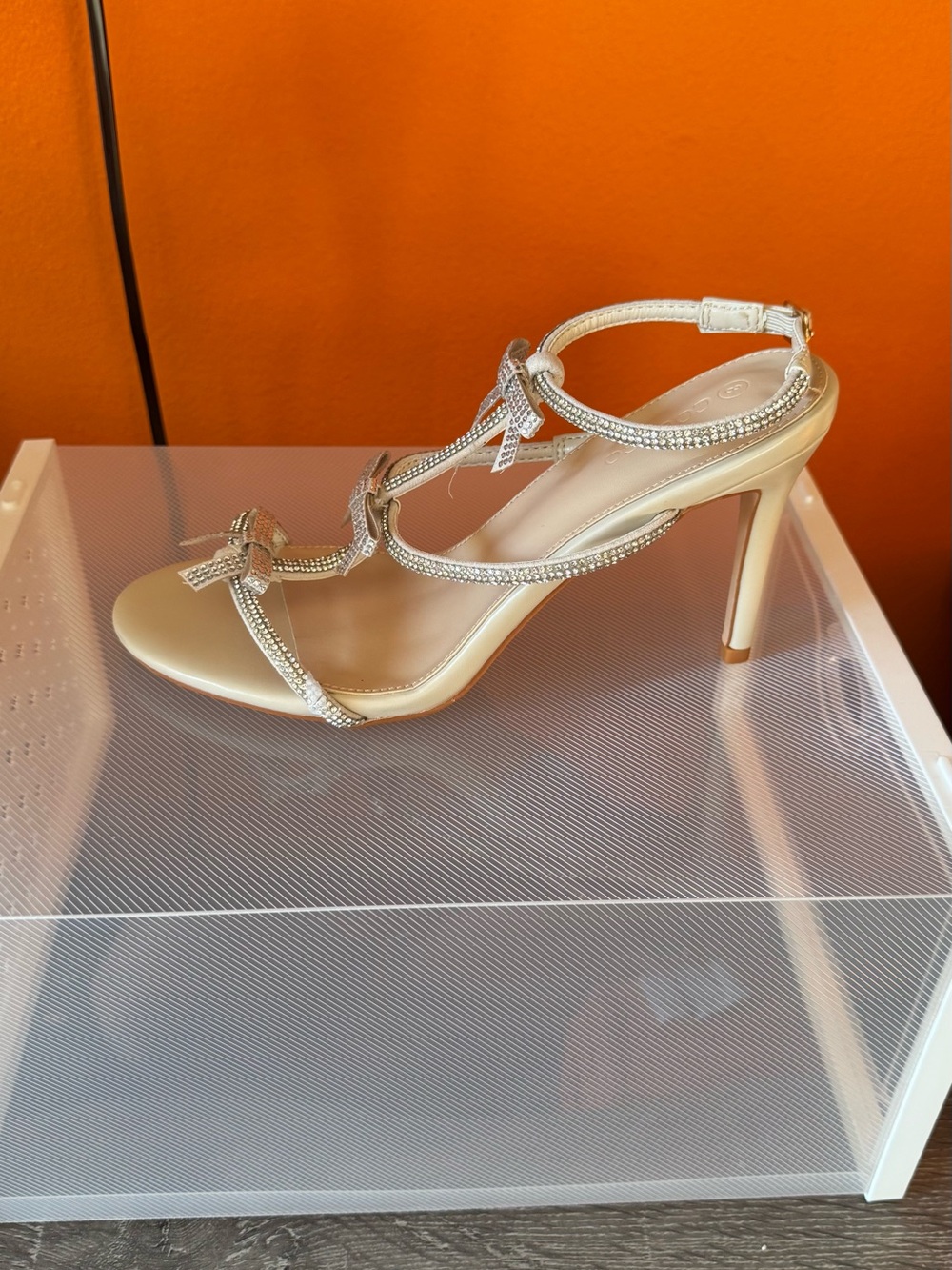 Crystal-Trim Champagne Stiletto Sandal with Ankle Strap